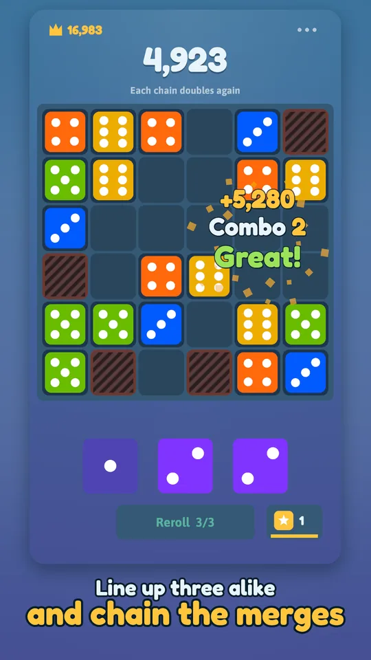 Dice merging in a chain on a 6x6 board with points and praise popping up