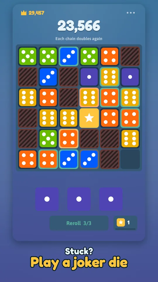 Dragging a joker die onto a full board, with the dice it can turn into a merge highlighted